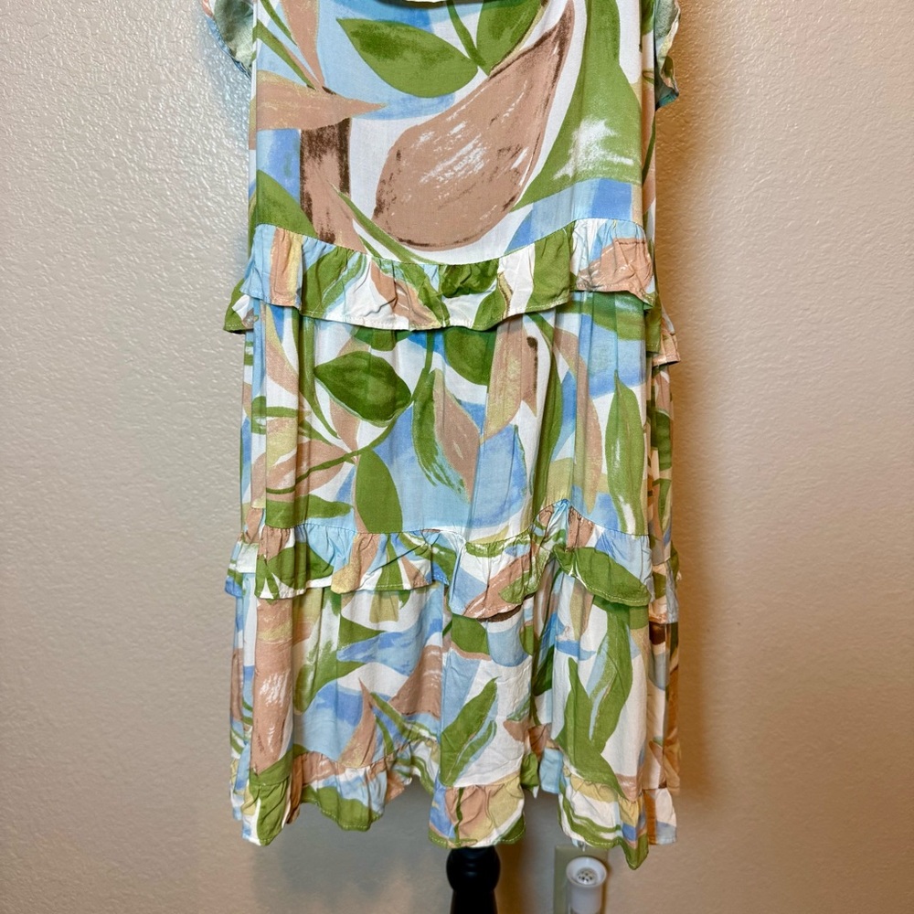 Girl And The Sun Ruffle Sun Dress Watercolor Leaf Print White Green Tan Size XL - Picture 9 of 14